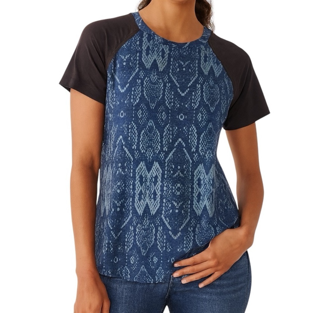 REBECCA TAYLOR Burnout Petrol Silk Blend Reptile Print Short Sleeve T Shirt